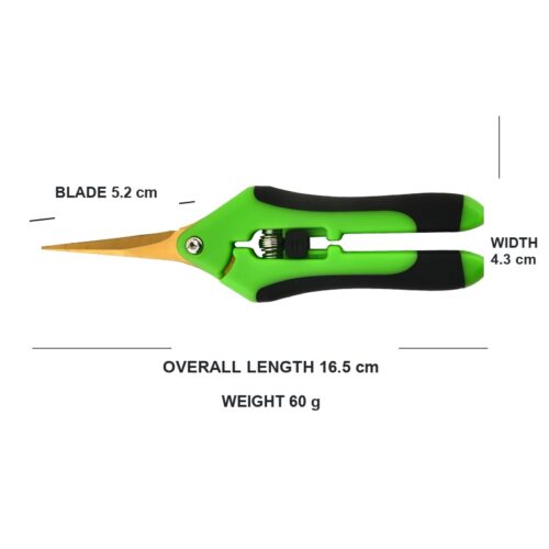 Fruit-picking scissors dimensions: 16.5 cm length, 5.2 cm blade, 4.3 cm width, 60 g